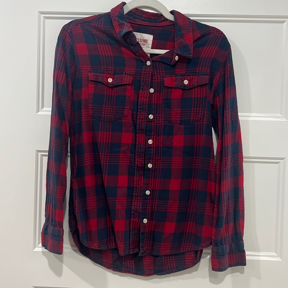 Navy and Red Plaid Button up